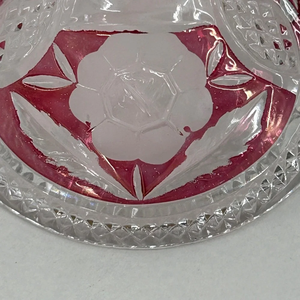 Vintage Footed Glass Candy Dish with Cranberry Flash Rose Lid Clear Pressed Bowl